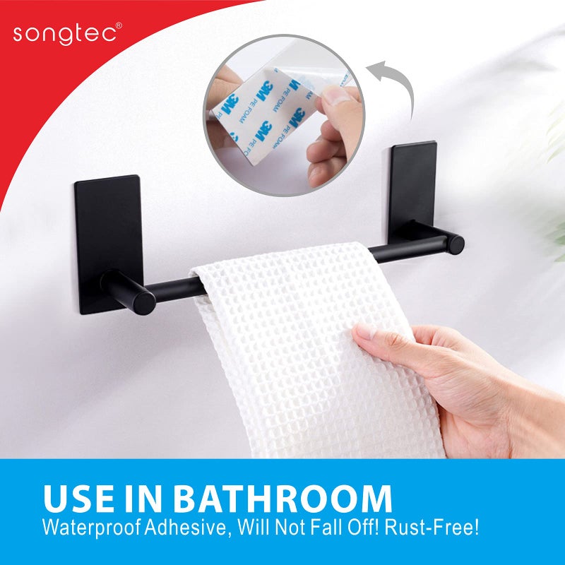 Songtec Stick Towel Bar Black 12-Inch  Adhesive Bath Towel Rack No Drill  Strong Adhesion Tape Mount Towel Holder  Stainless Steel - Black - Image 2